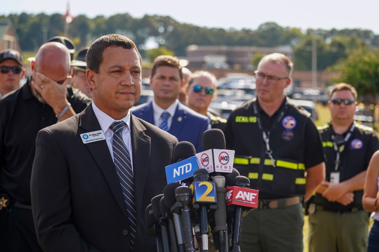 Superintendent Dr. Dallas LeDuff speaks to the media after a shooting at Apalachee High School in Winder, Georgia, on September 4.