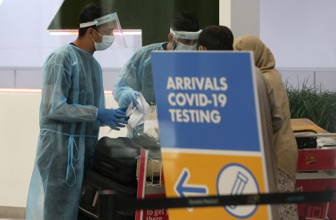 Passengers arriving on international flights go through Covid-19 testing at Toronto Pearson International Airport, on September 28.