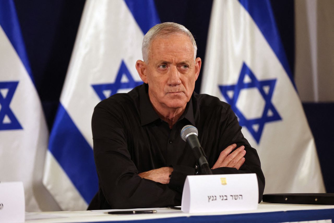 Israeli war cabinet member Benny Gantz attends a press conference in Tel Aviv, Israel, in October 2023. 