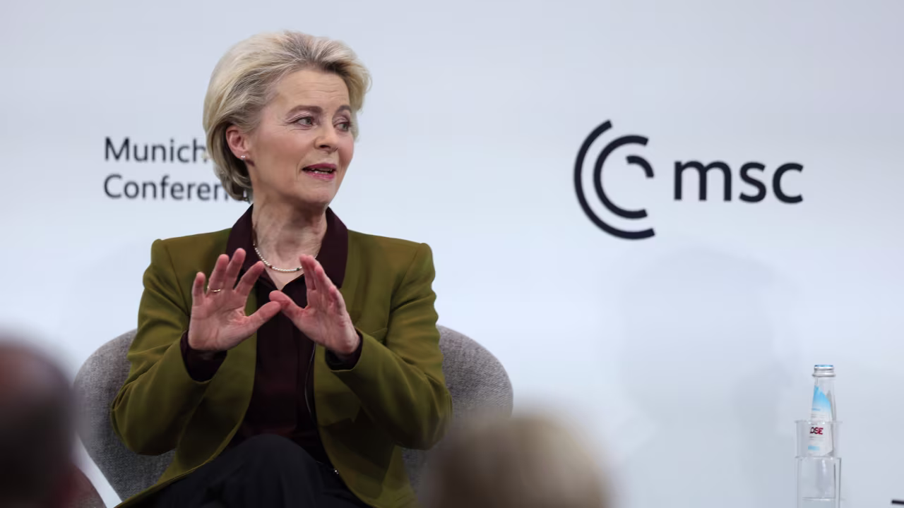 President of the European Commission Ursula von der Leyen speaks at the Munich Security Conference on Saturday. 