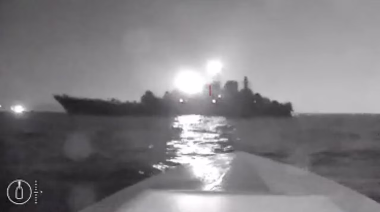 A sea drone shows the silhouette of Olenegorsky Gornyak ship near the port of Novorossiysk, Russia, in this screen grab obtained from a social media video released on Friday.