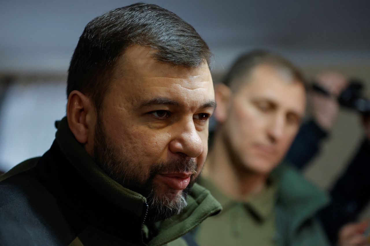 Denis?Pushilin, Moscow-installed acting leader of the Russian-controlled parts of Ukraine's Donetsk region, meets with civilians evacuated from the salt-mining town of Soledar in the course of Russia-Ukraine conflict at a temporary accommodation centre located in a local dormitory in Shakhtarsk (Shakhtyorsk), Russian-controlled Ukraine on January 14, 2023.