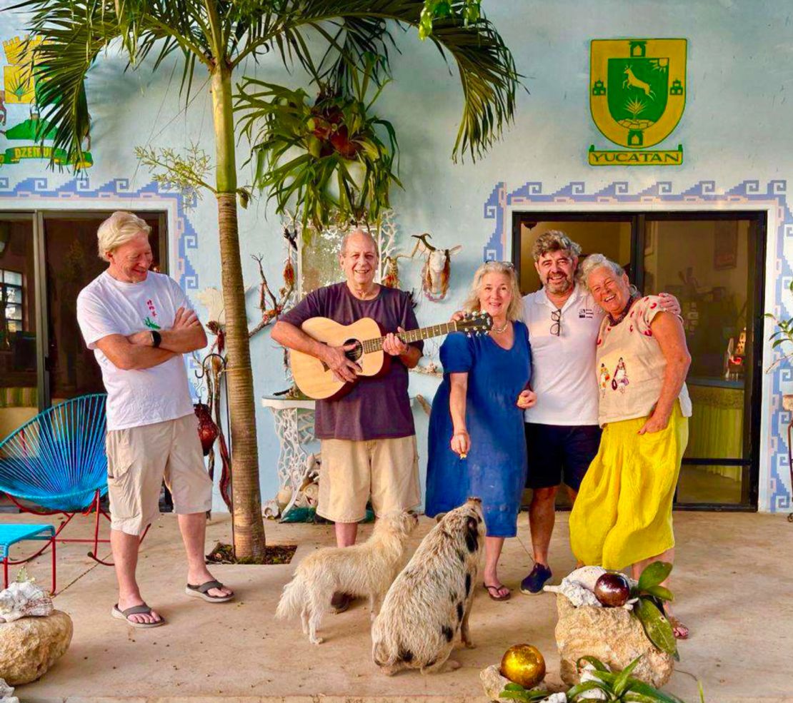 Skouras and Bardavid with musician Steve Katz, who donated his guitar to the Kookix Music School, and friends.