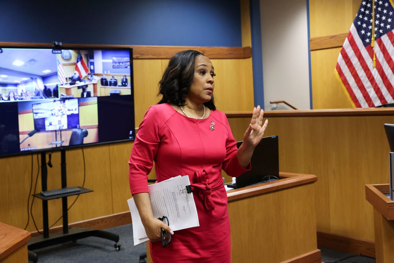 Fulton County District Attorney Fani Willis speaks during a hearing in the case of State of Georgia v. Donald John Trump at the Fulton County Courthouse on Thursday, February 15, in Atlanta.