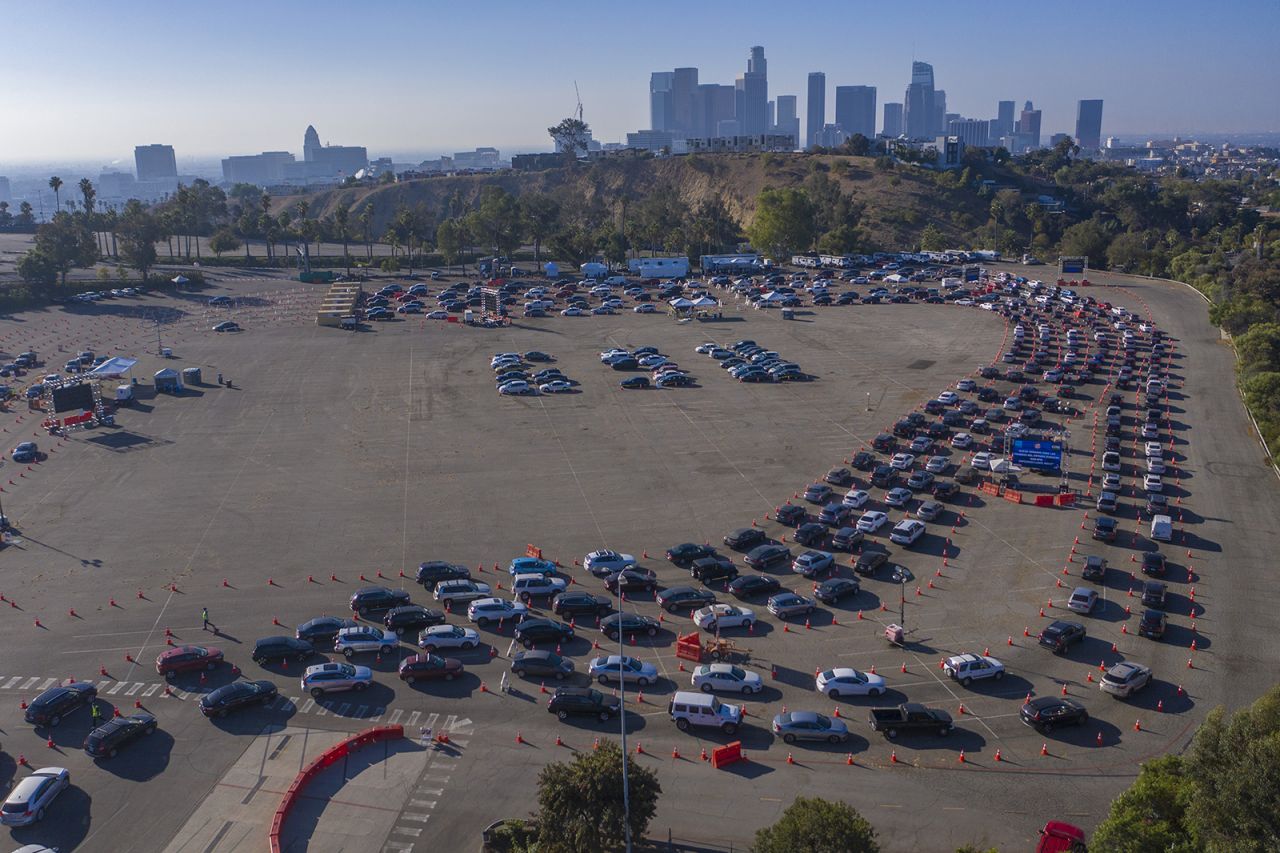 In an aerial view from a drone, cars line up at Dodger Stadium for Covid-19 testing on November 14, in Los Angeles, California.