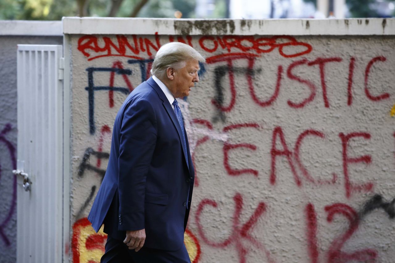 President Donald Trump walks from the White House through Lafayette Park to visit St. John's Church in Washington DC, on Monday, June 1. 