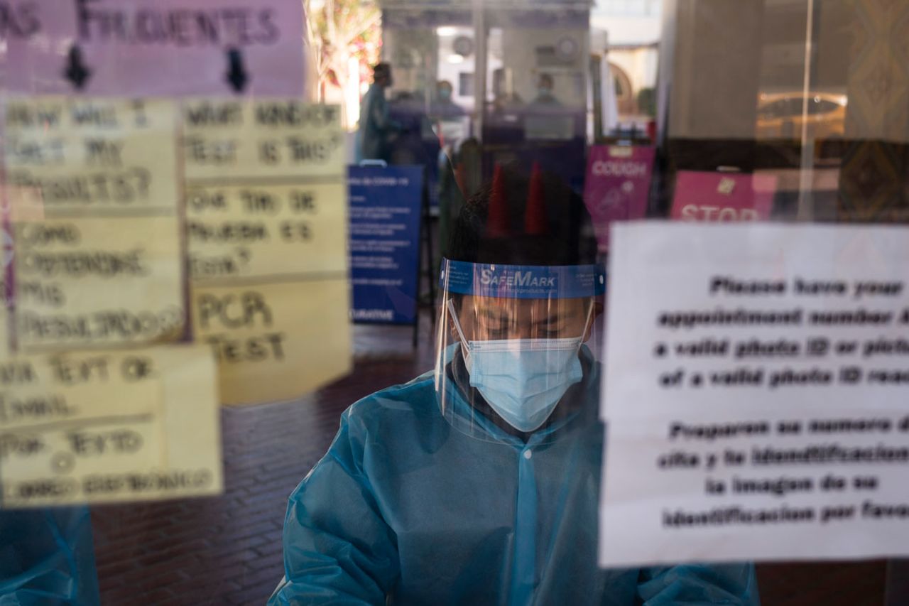 A test specialist works at a Covid-19 testing site in Los Angeles, California on December 9.