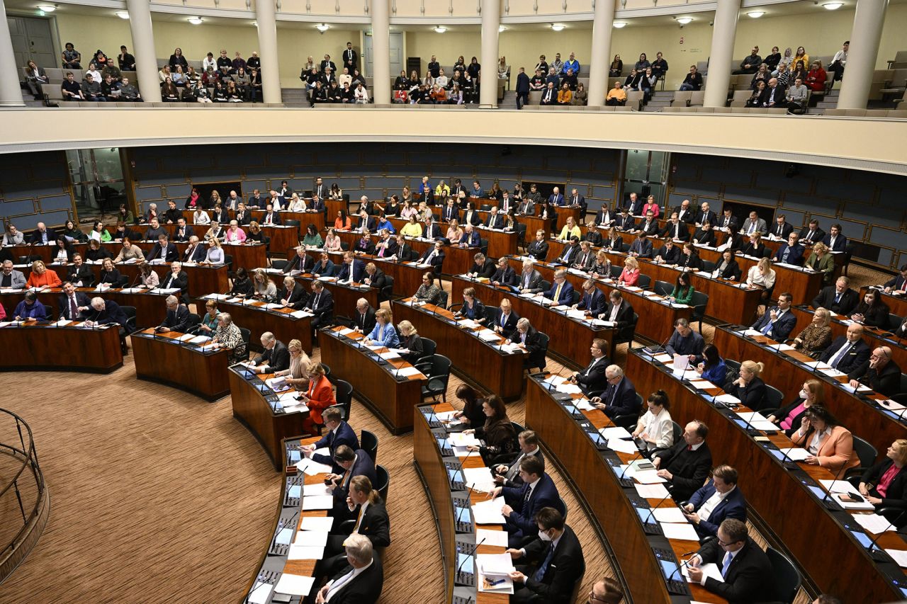 Finnish MPs attend a plenary session of the Finnish parliament on a vote on the country's entry to NATO in Helsinki, Finland, on March 1.