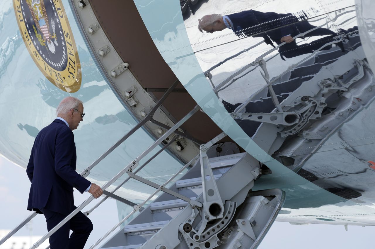 President Joe Biden walks up the steps of Air Force One at Harry Reid International Airport in Las Vegas on July 17.