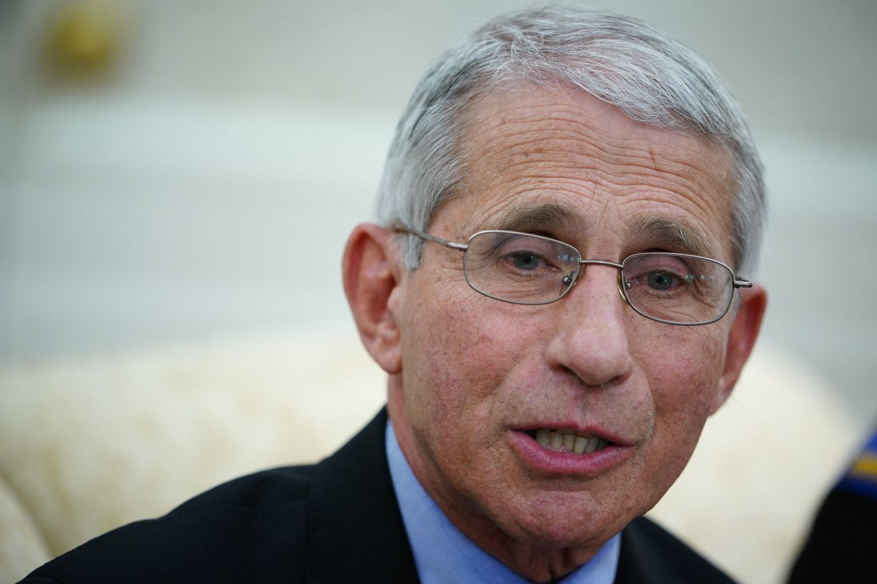 Dr. Anthony Fauci, director of the National Institute of Allergy and Infectious Diseases speaks during a meeting in the Oval Office of the White House in Washington on April 29.