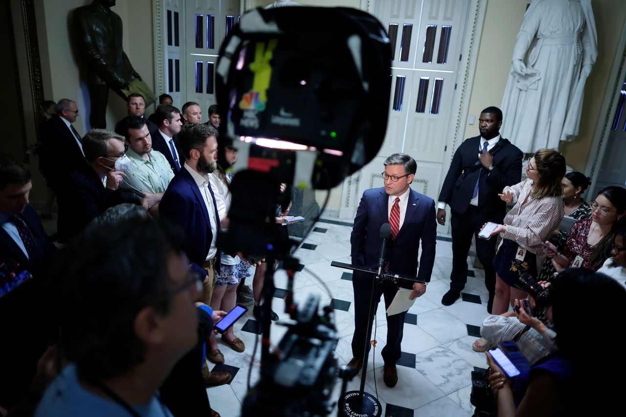 House Speaker Mike Johnson talks to reporters at the US Capitol on June 28, in Washington, DC. 