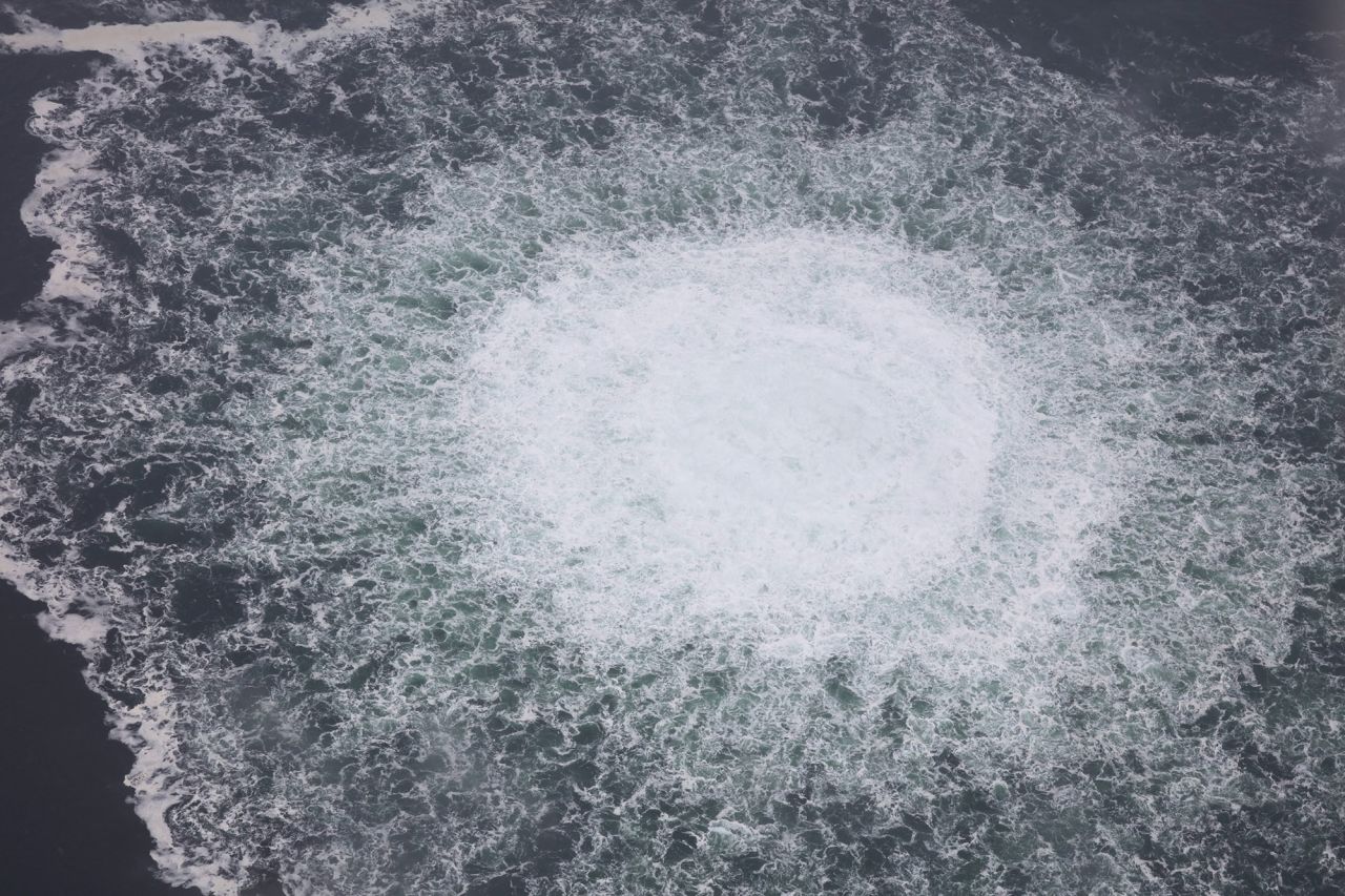 A gas leak causes bubbles on the surface of the water above the Nord Stream pipe line in Sweden on September 29.
