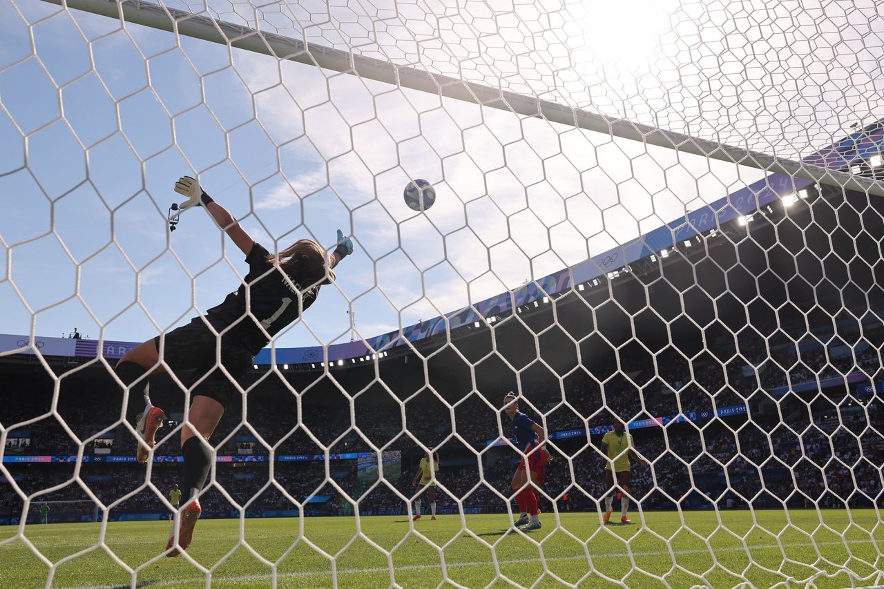 US goalkeeper Alyssa Naeher makes a save during the women's gold medal match against Brazil on August 10. 