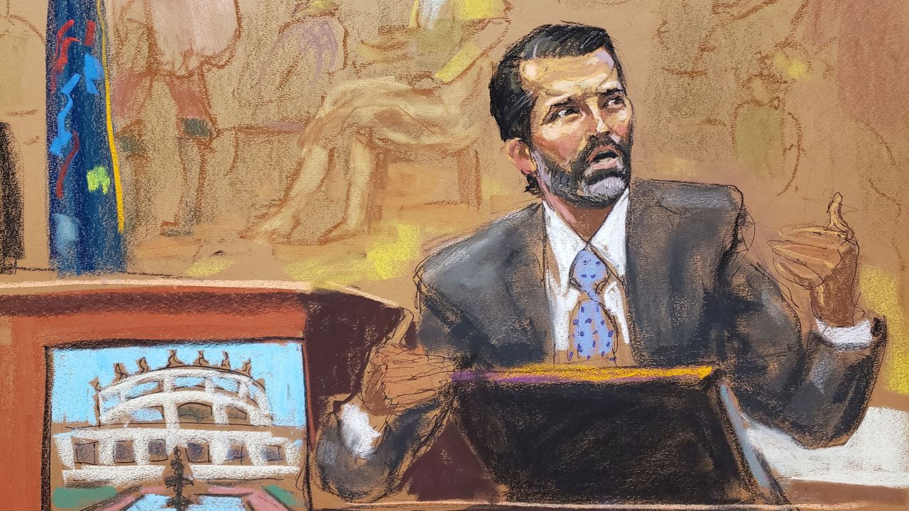 In this courtroom sketch, Donald Trump Jr. speaks near a screen image of the Doral Florida property during the Trump Organization civil fraud trial in New York Supreme Court on November 13.