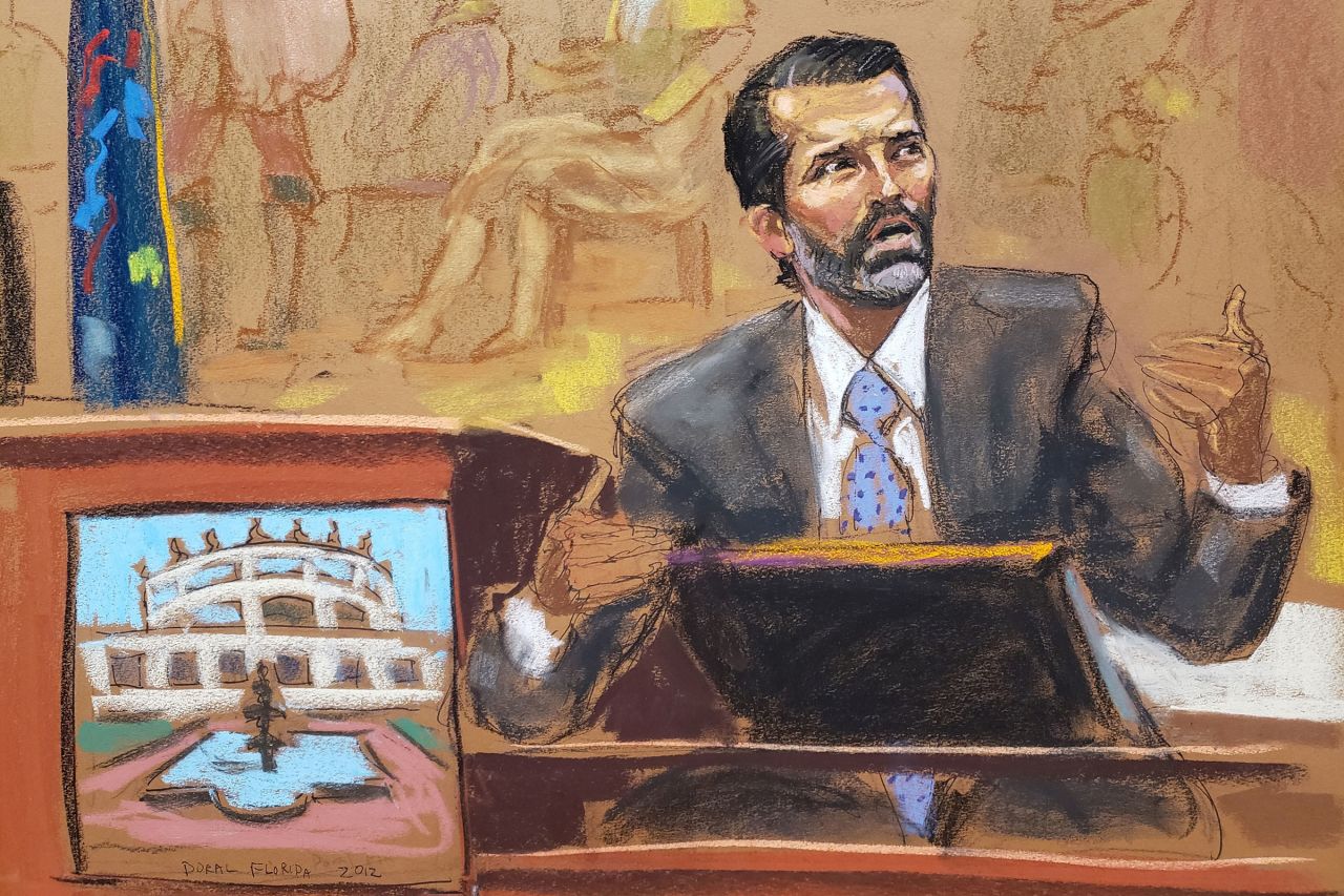 In this courtroom sketch, Donald Trump Jr. speaks near a screen image of the Doral Florida property during the Trump Organization civil fraud trial in New York Supreme Court on November 13.