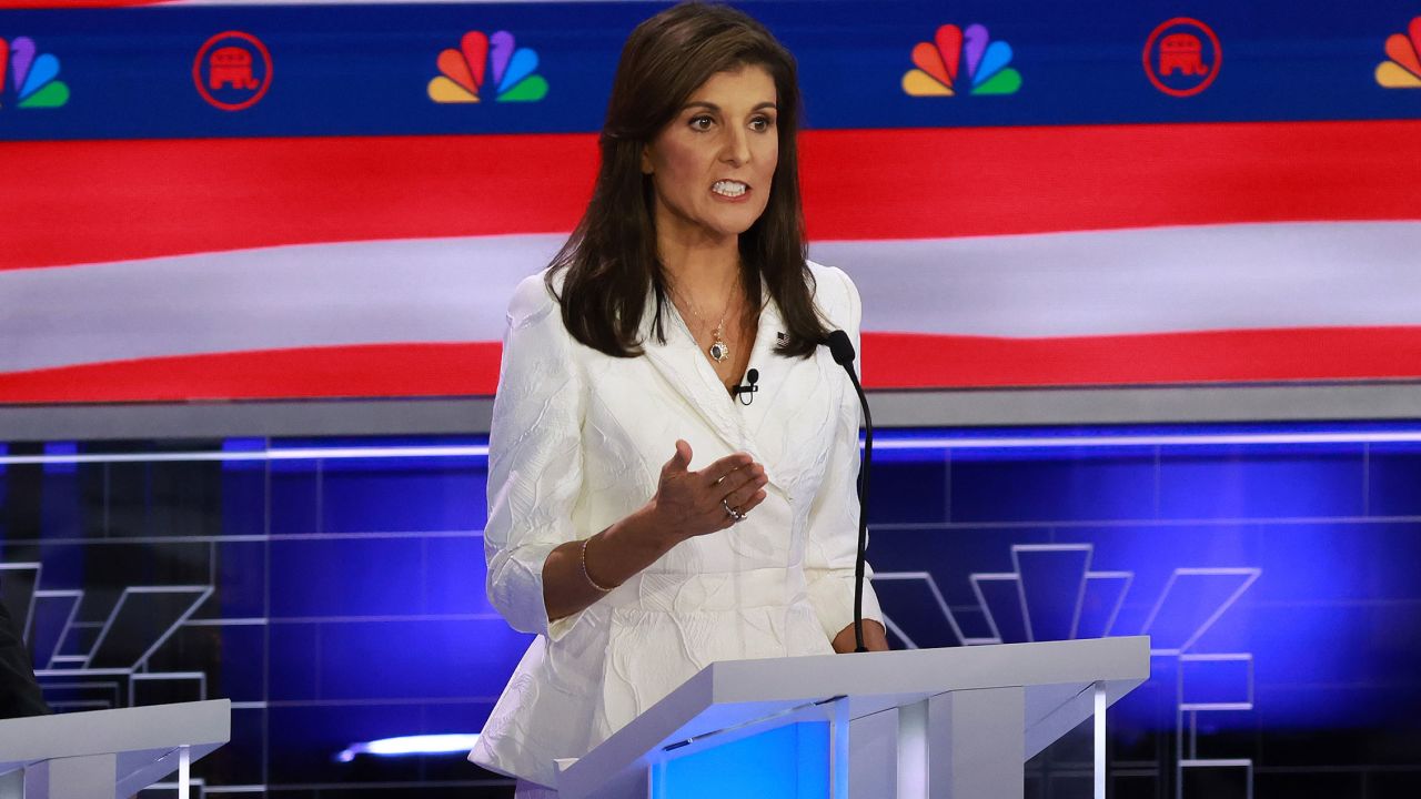 Nikki Haley speaks during the NBC News Republican Presidential Primary Debate at the Adrienne Arsht Center for the Performing Arts of Miami-Dade County on November 8, in Miami, Florida. 