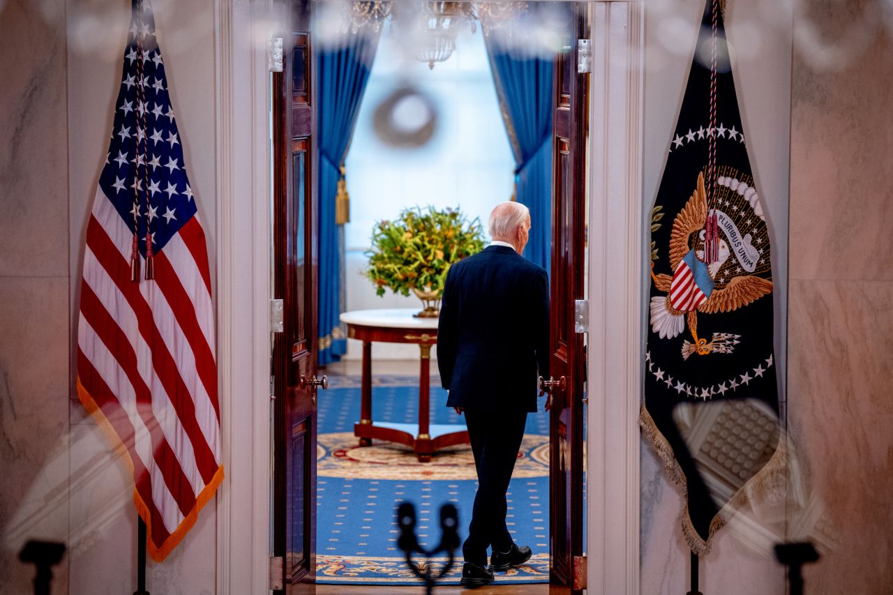 President Joe Biden departs after speaking to the media at the White House on July 1.