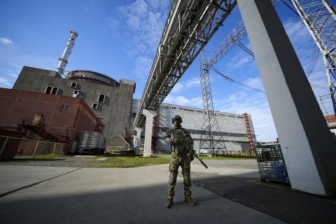 A Russian serviceman guards an area of the Zaporizhzhia Nuclear Power Station in territory under Russian military control in southeast Ukraine, on May 1.
