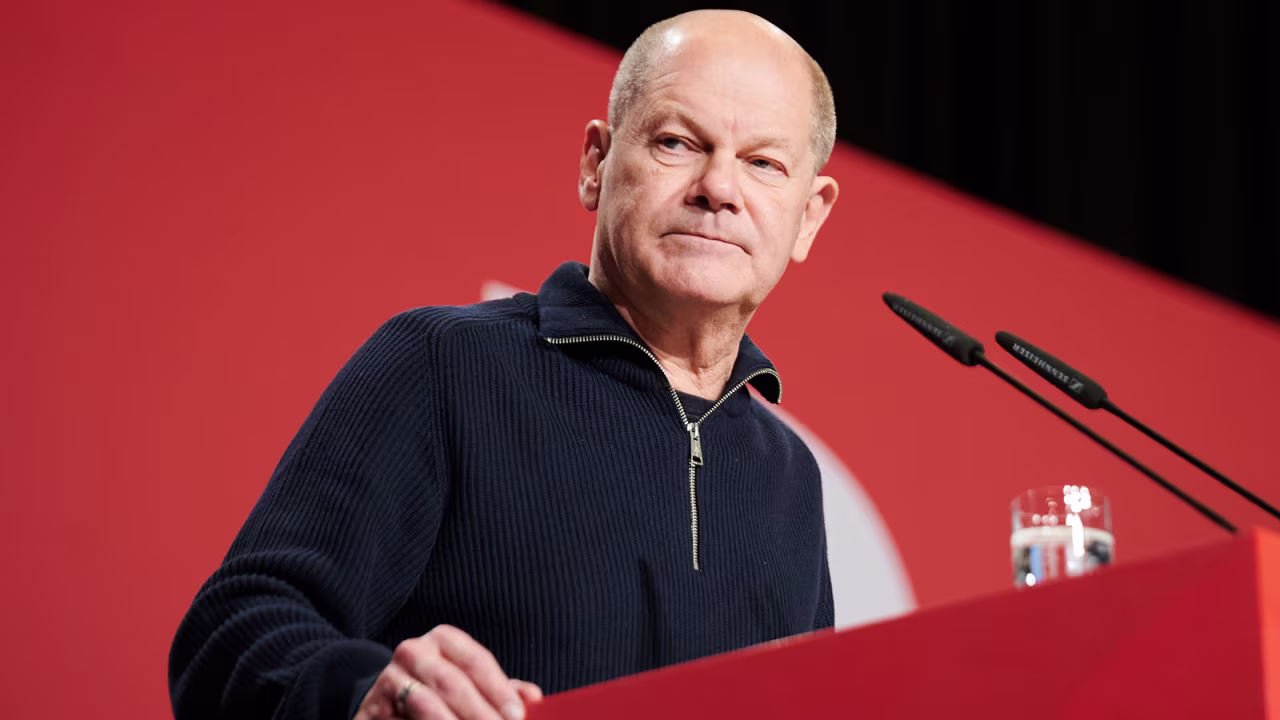 German Chancellor Olaf Scholz speaks in Cottbus, Germany, on Saturday, November 26. 