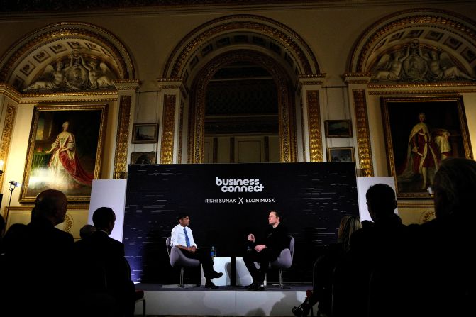 Musk attends a sit-down conversation with British Prime Minister Rishi Sunak in November 2023. Musk declared artificial intelligence “one of the most disruptive forces in history” during <a href=