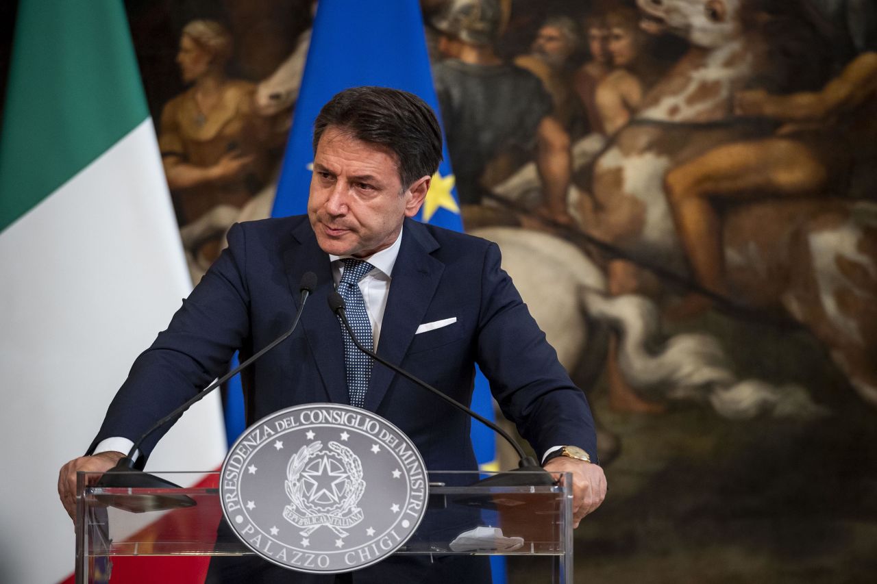 Italian Prime Minister Giuseppe Conte is pictured at a press conference in Rome on September 29.