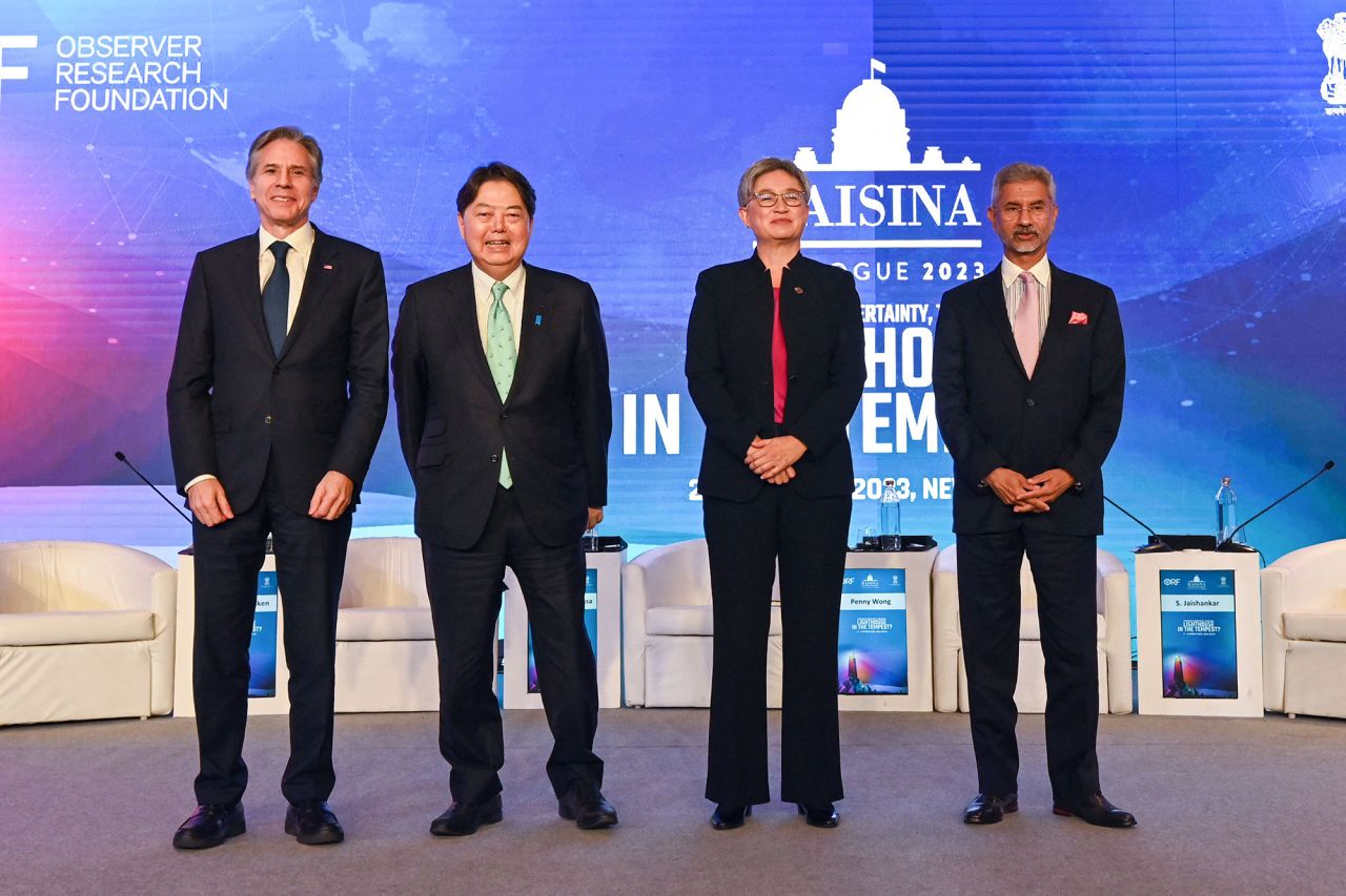 Left to right - US Secretary of State Antony Blinken, Japan Foreign Minister Yoshimasa Hayashi, Australian Foreign Minister Penny Wong and Indian Foreign Minister Subrahmanyam Jaishankar pose for a photograph after the Indo-Pacific Quad Foreign Ministers panel discussion in New Delhi, India, on March 3.