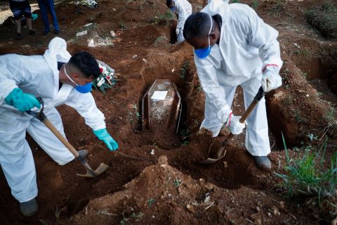 Workers carry out the burial of a Covid-19 victim at the Vila Formosa Cemetery in Sao Paulo, Brazil, on March 11.