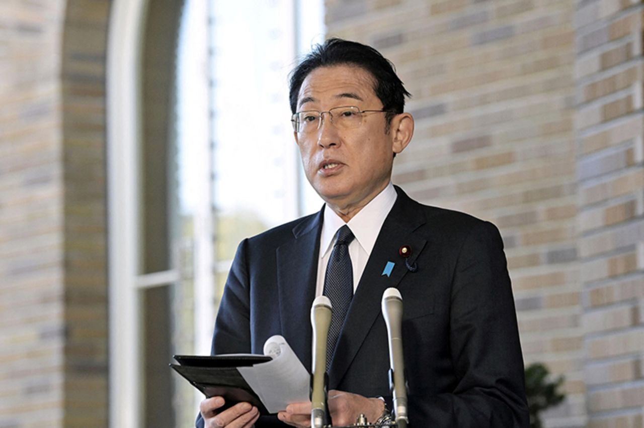 Japan's Prime Minister Fumio Kishida announces Japan's decision to impose sanctions on Russia over its actions in Ukraine, at his residence in Tokyo, Japan, February 23.