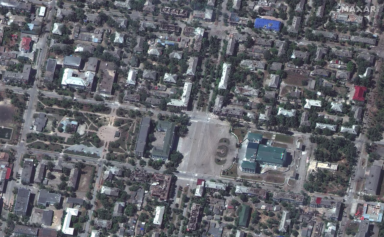 Damaged buildings are seen in Severodonetsk, Ukraine.