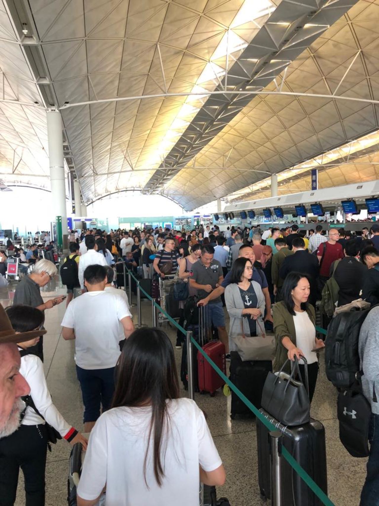 Lines at the airport, which is usually calm on a weekday.