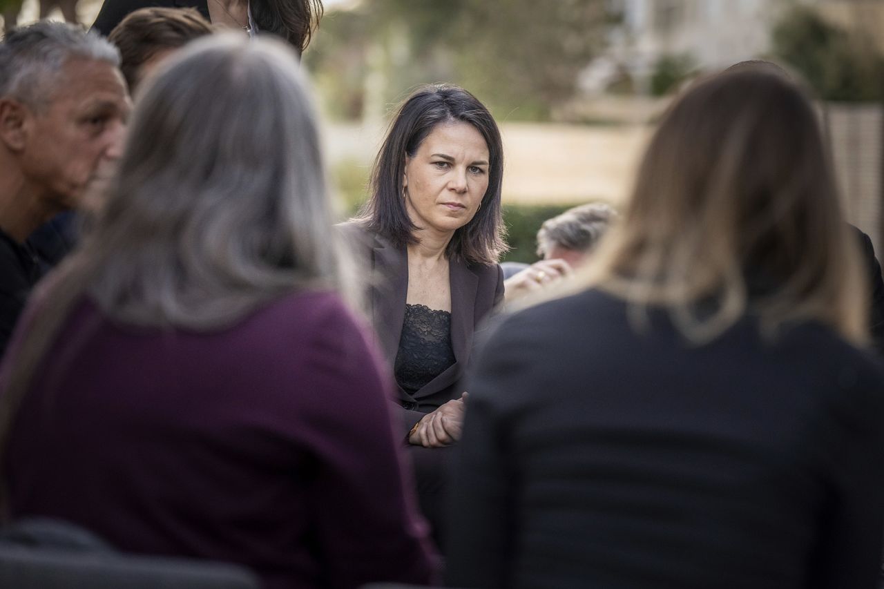 German Foreign Minister Annalena Baerbock takes part in a meeting with internally displaced persons from northern Israel in Tel Aviv, Israel, on January 8. 