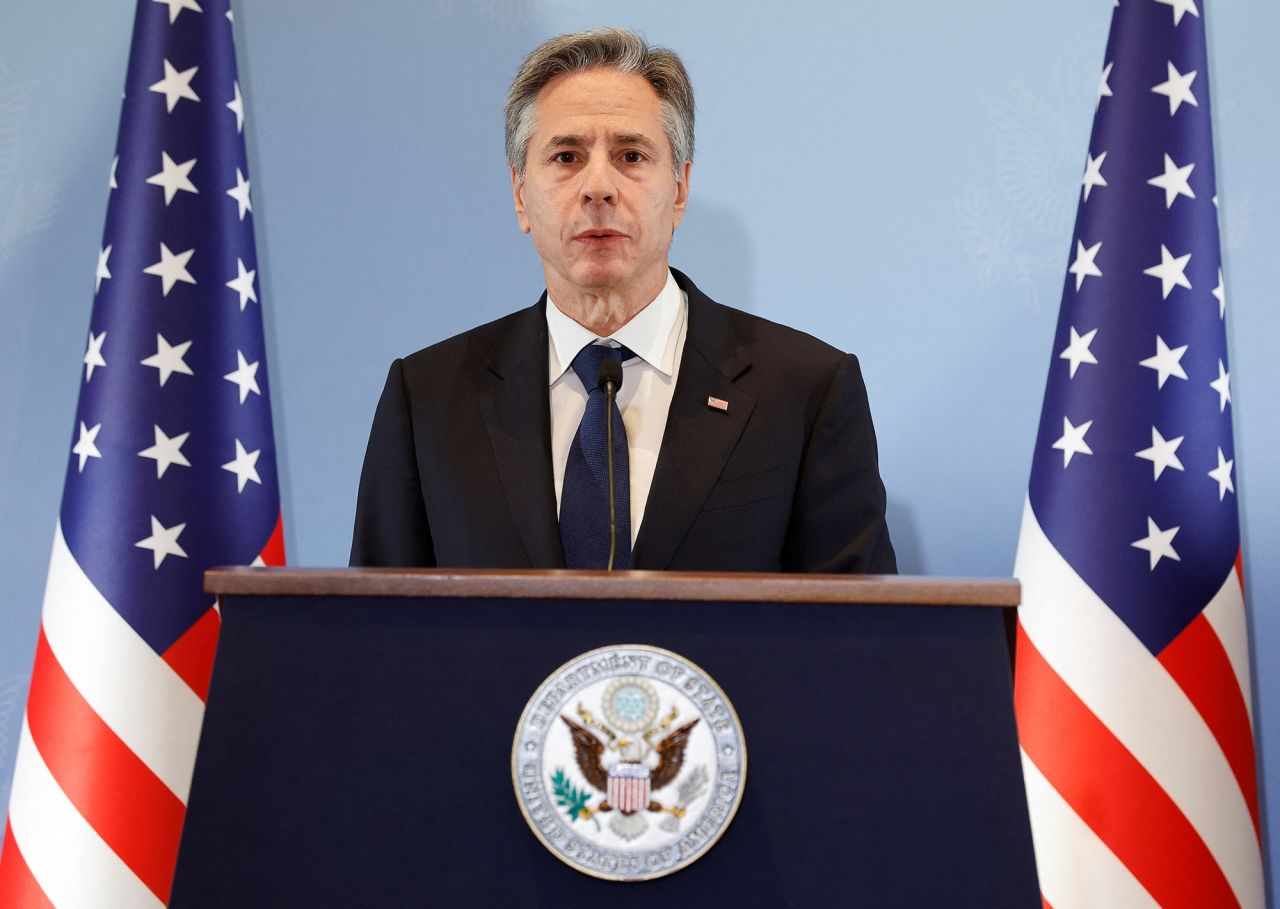 U.S. Secretary of State Antony Blinken speaks at a press conference in Tel Aviv during his visit to Israel on November 3.