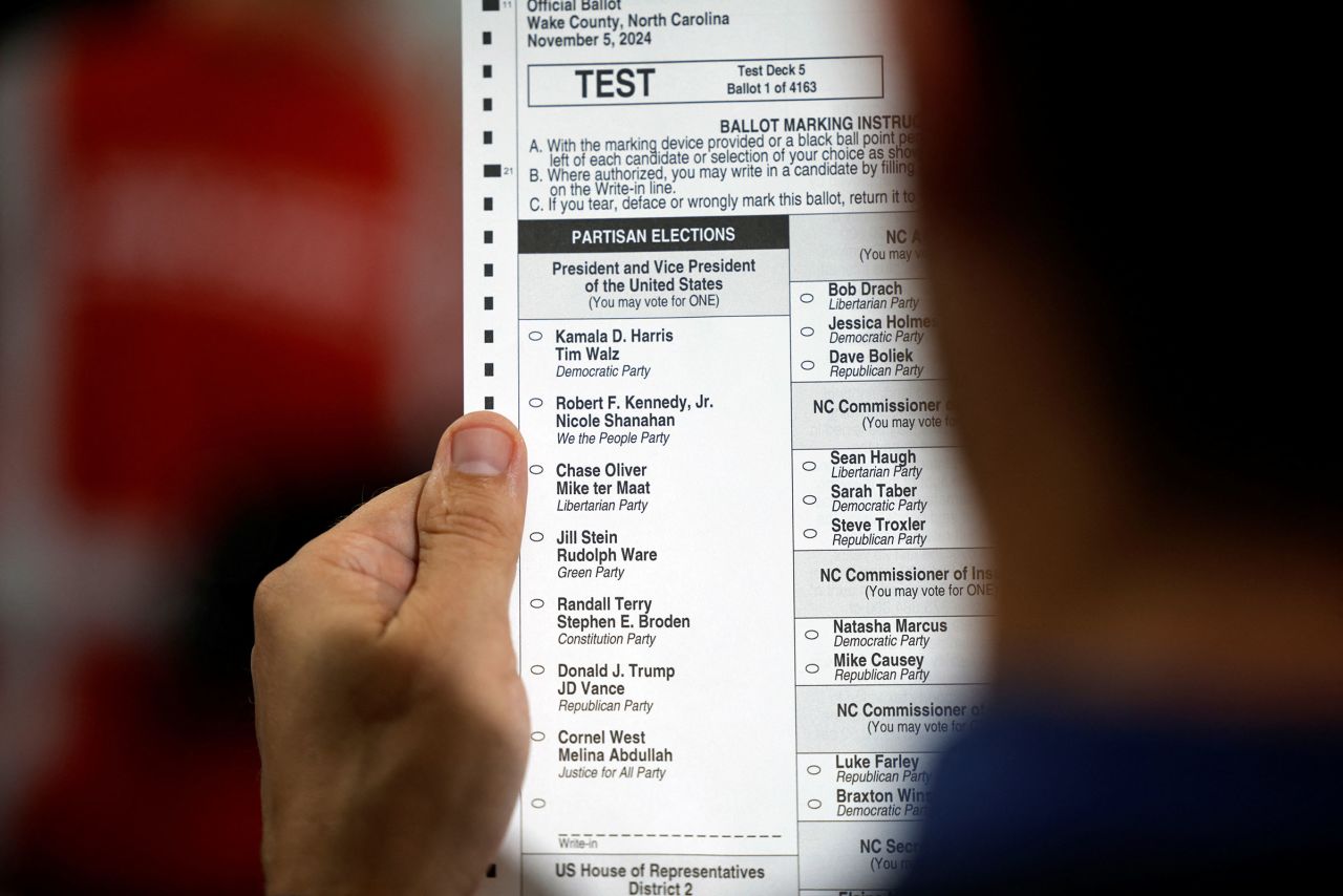 An election worker displays a test ballot listing the US presidential candidates, including Robert F Kennedy Jr., on the day a judge allowed him 24 hours to appeal her decision rejecting his removal from the state’s printed ballots, at Wake County Board of Elections headquarters in Raleigh, North Carolina, on September 5.