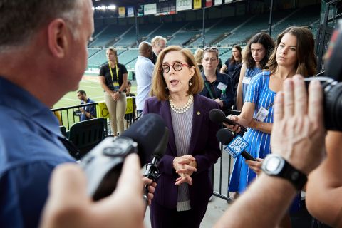 Oregon Governor Kate Brown talks talks with media after announcing the end of the state's Covid-19 restrictions in Portland, Oregon on June 30.
