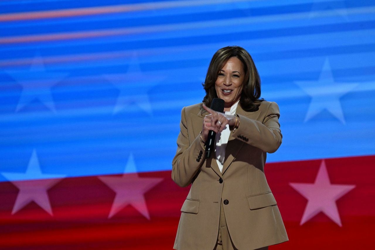 Vice President Kamala Harris speaks on the opening night of the DNC on Monday, August 19, in Chicago.