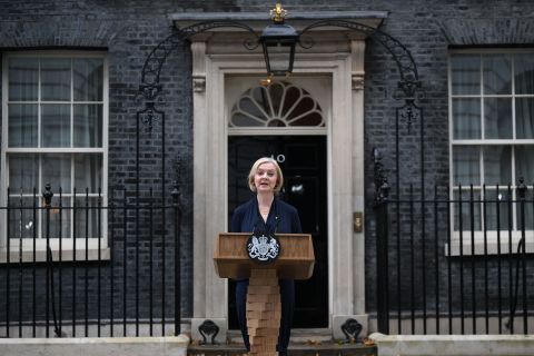 Britain's Prime Minister Liz Truss delivers a speech outside of 10 Downing Street in central London on October 20.