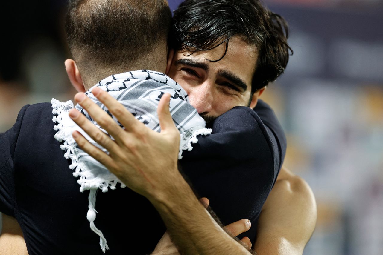 Palestine's Mohammed Saleh reacts after their win against Hong Kong at the Abdullah bin Khalifa Stadium, Doha, Qatar on January 23.