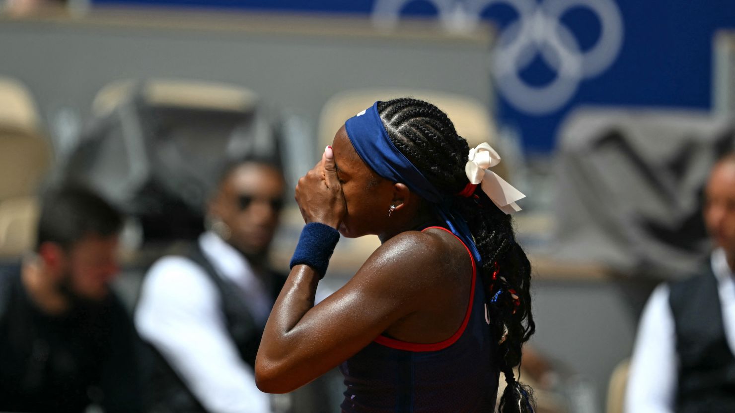 Coco Gauff reacts as a call goes against her at the Paris Olympics.