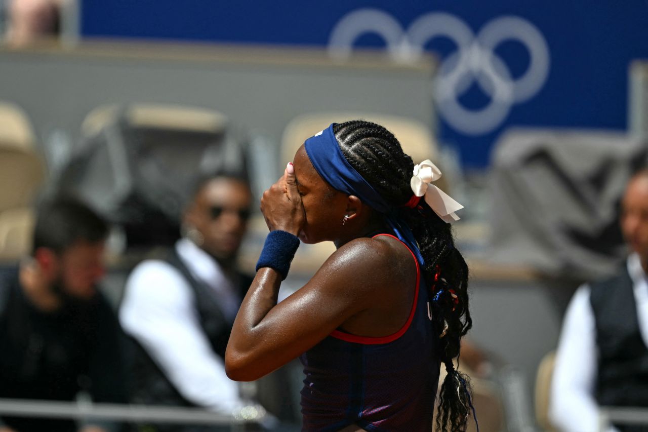 Coco Gauff reacts after a call goes against her while playing Croatia's Donna Vekić on Court Philippe-Chatrier at Roland Garros on Tuesday.