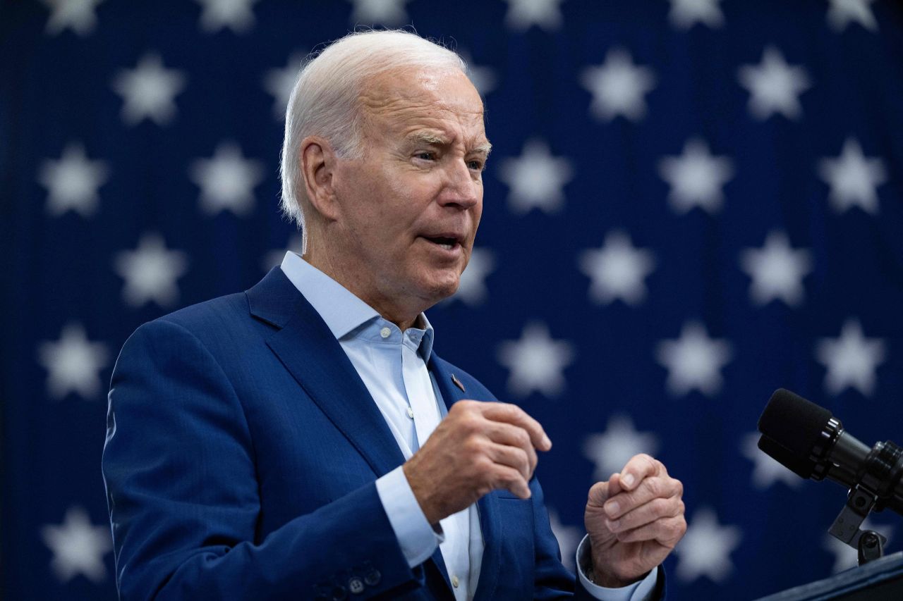 US President Joe Biden speaks at Arcosa Wind Towers in Belen, New Mexico, on August 9.