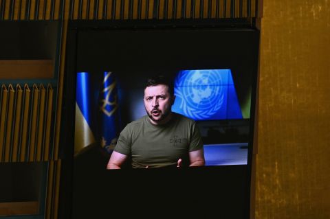 Ukrainian President Volodymyr Zelensky remotely addresses the 77th session of the United Nations General Assembly at the UN headquarters in New York City.