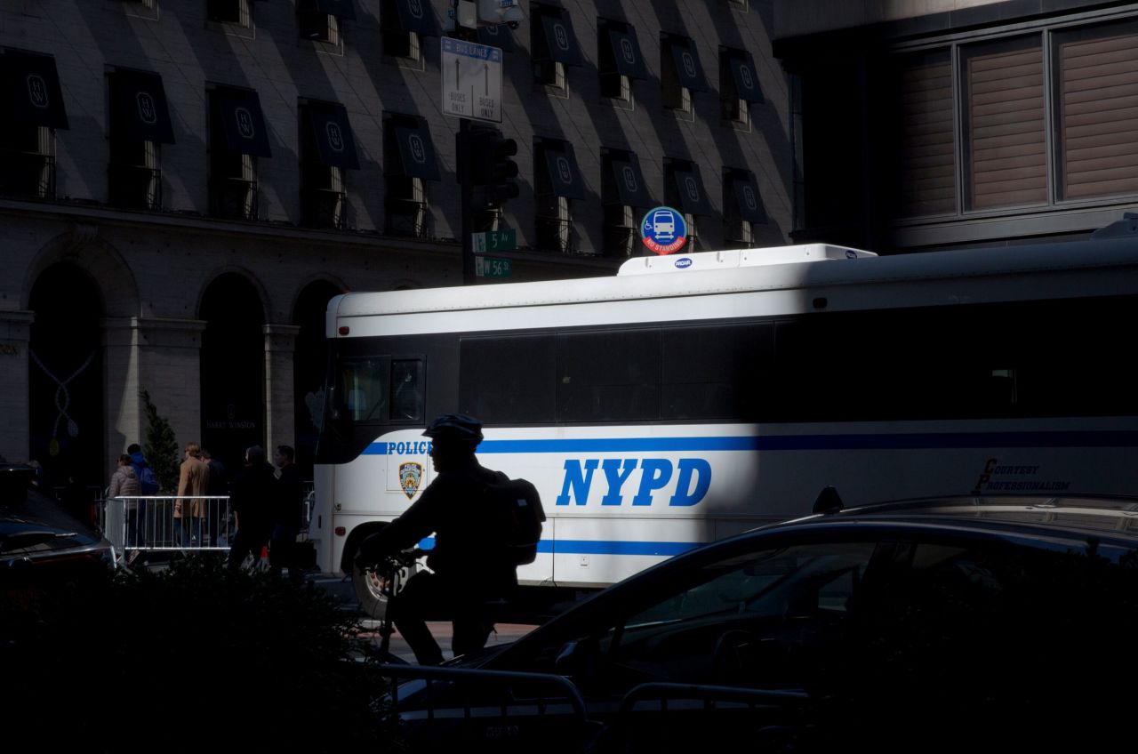 A NYPD bus across from Trump Tower on Monday morning in New York, April 3, 2023. 