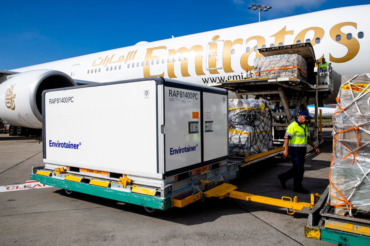 A container holding the AstraZeneca Covid-19 vaccine arrives at Sydney International Airport on February 28.