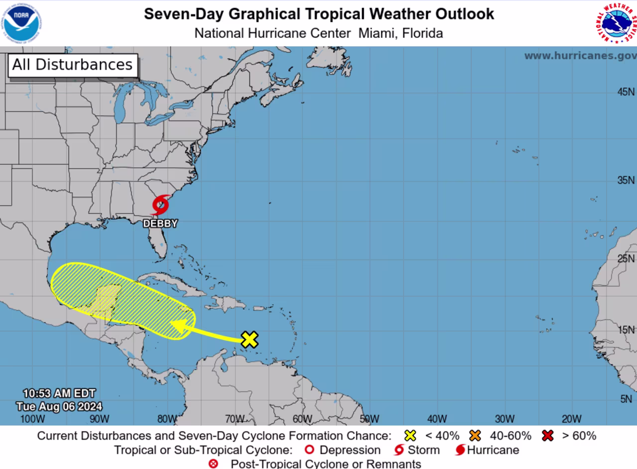 The National Hurricane Center is tracking a system that has a 30% chance of developing over the next 7 days in the western Caribbean or southwestern Gulf of Mexico as seen in the yellow shaded area. 