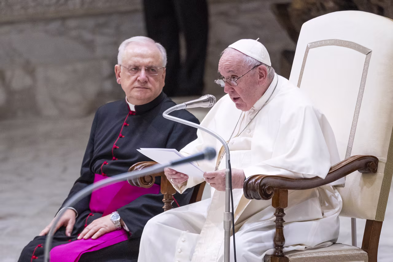 Pope Francis delivers his speech during the traditional Wednesday General Audience at Paul VI Audience Hall in Vatican City, Italy, on August 24. 