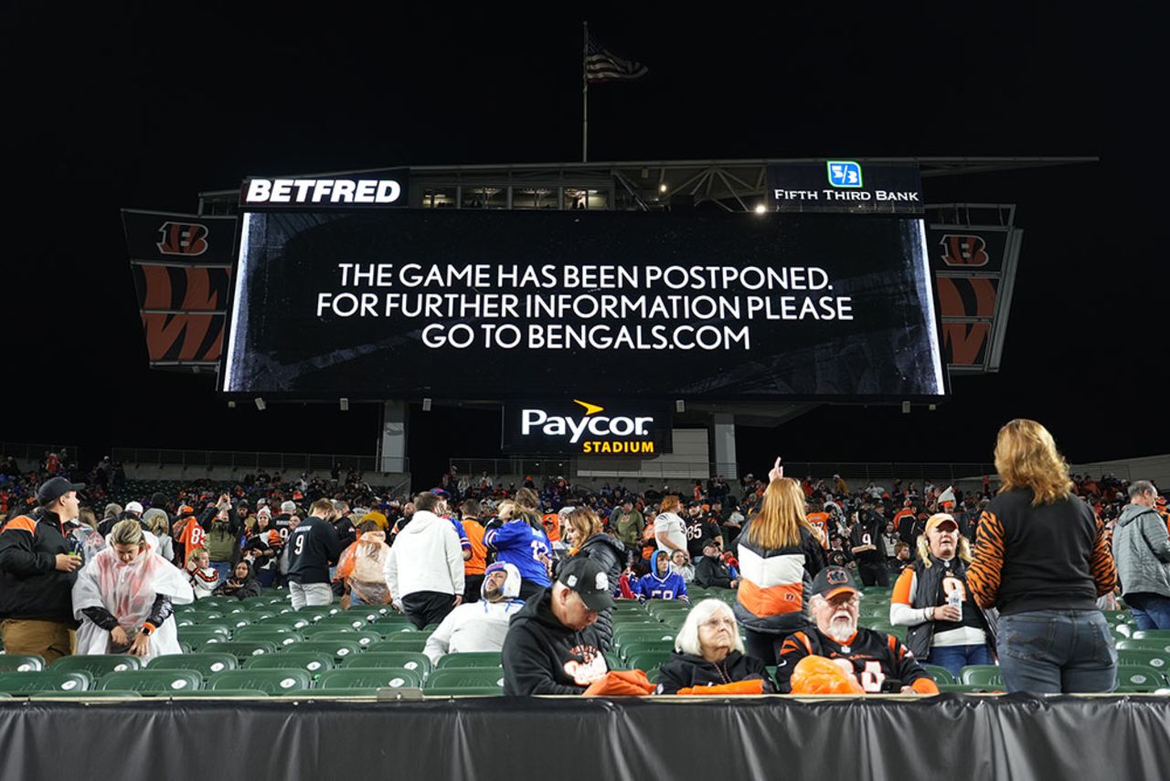 An announcement is displayed on the scoreboard as the game between the Cincinnati Bengals and the Buffalo Bills is postponed.