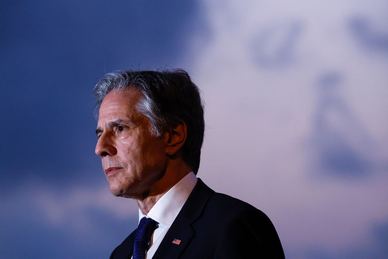 U.S. Secretary of State Antony Blinken speaks to the media in Ashdod, Israel, on May 1.