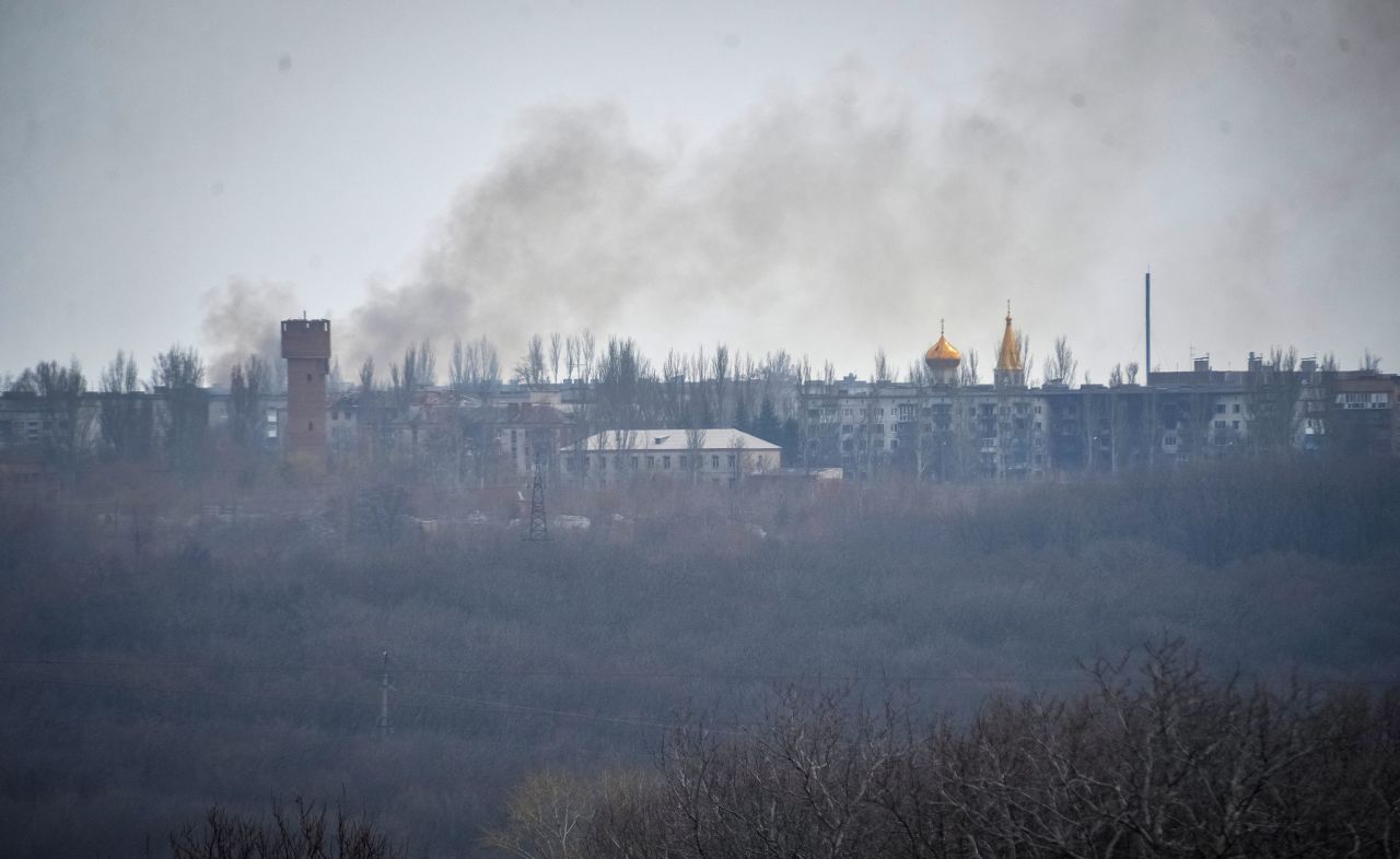 Smoke billows during shelling on the outskirts of Chasiv Yar on April 7. 