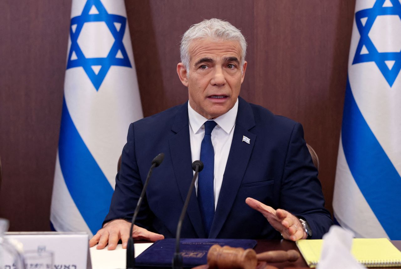 Israel's outgoing Prime Minister?Yair?Lapid?heads a cabinet meeting in Jerusalem, Israel, on November 20, 2022. 