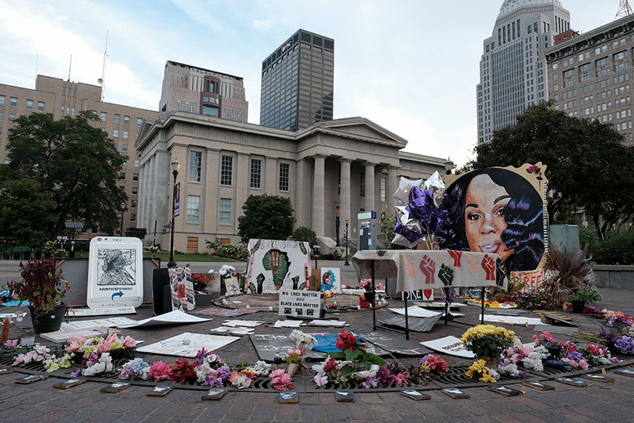 A memorial to Breonna Taylor, placed in Jefferson Square Park, is photographed in downtown Louisville, Kentucky on Wednesday, September 23, as the city anticipates of the results of a grand jury inquiry into the death of Breonna Taylor.